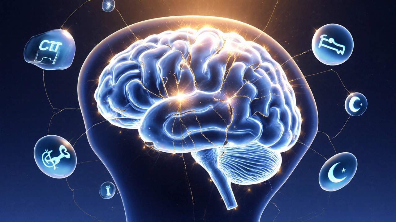 A healing brain mended with light, surrounded by symbols of non-drug pain therapies.
