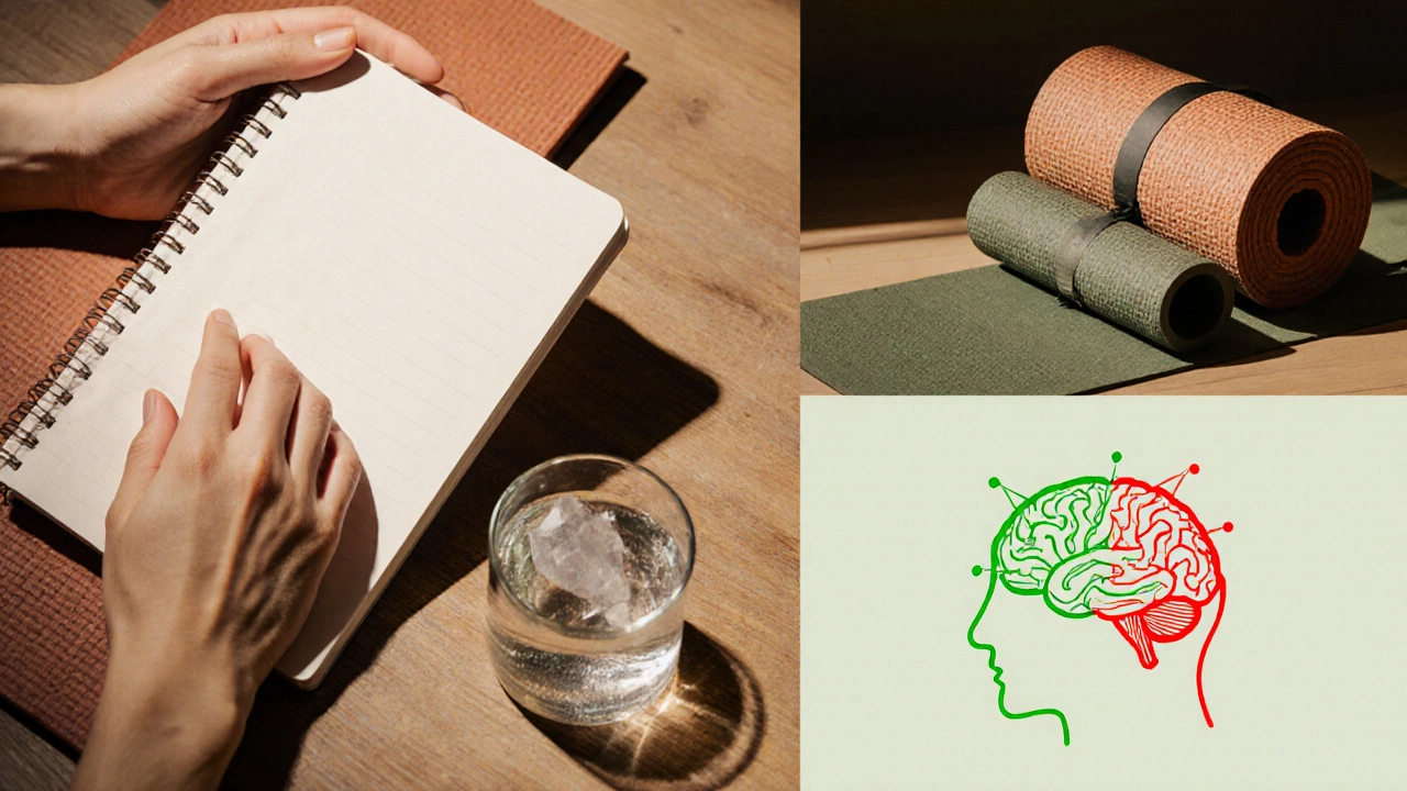 A holistic healing scene with journal, yoga mat, water, and brain icon showing neural rewiring from red to green.