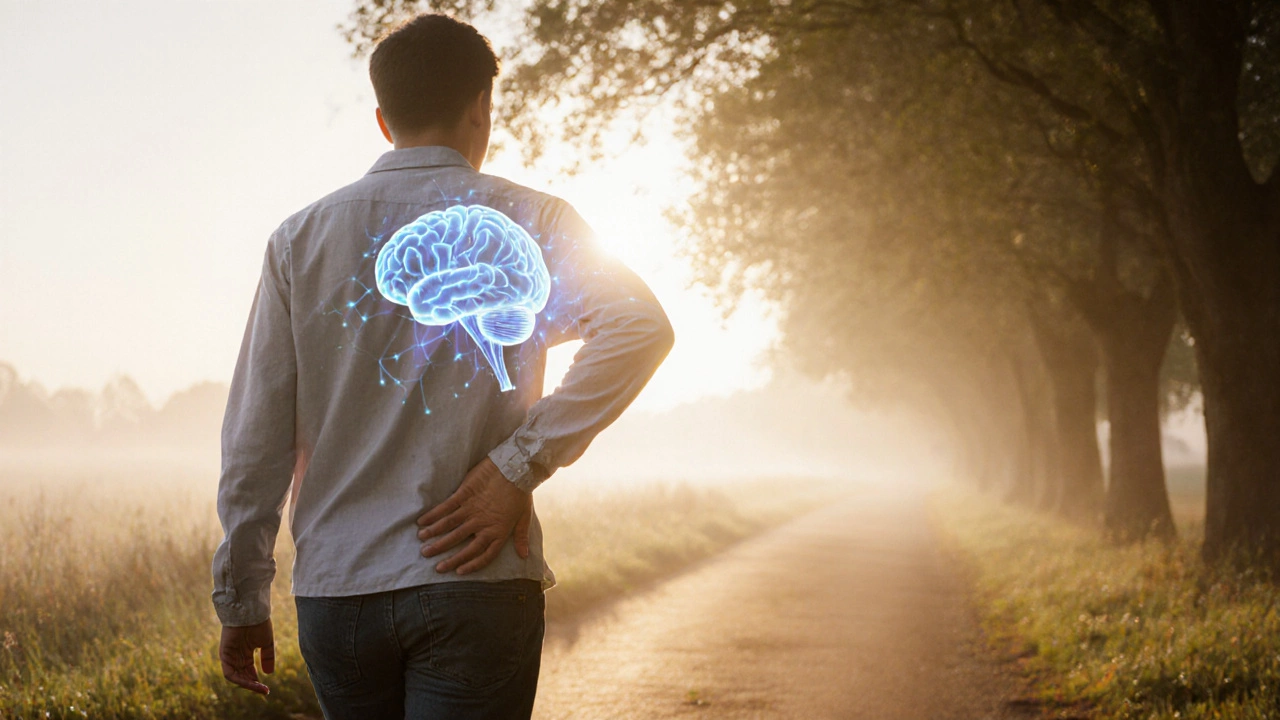 A person walking peacefully at dawn, relaxed and confident, symbolizing gentle movement as part of chronic pain recovery.