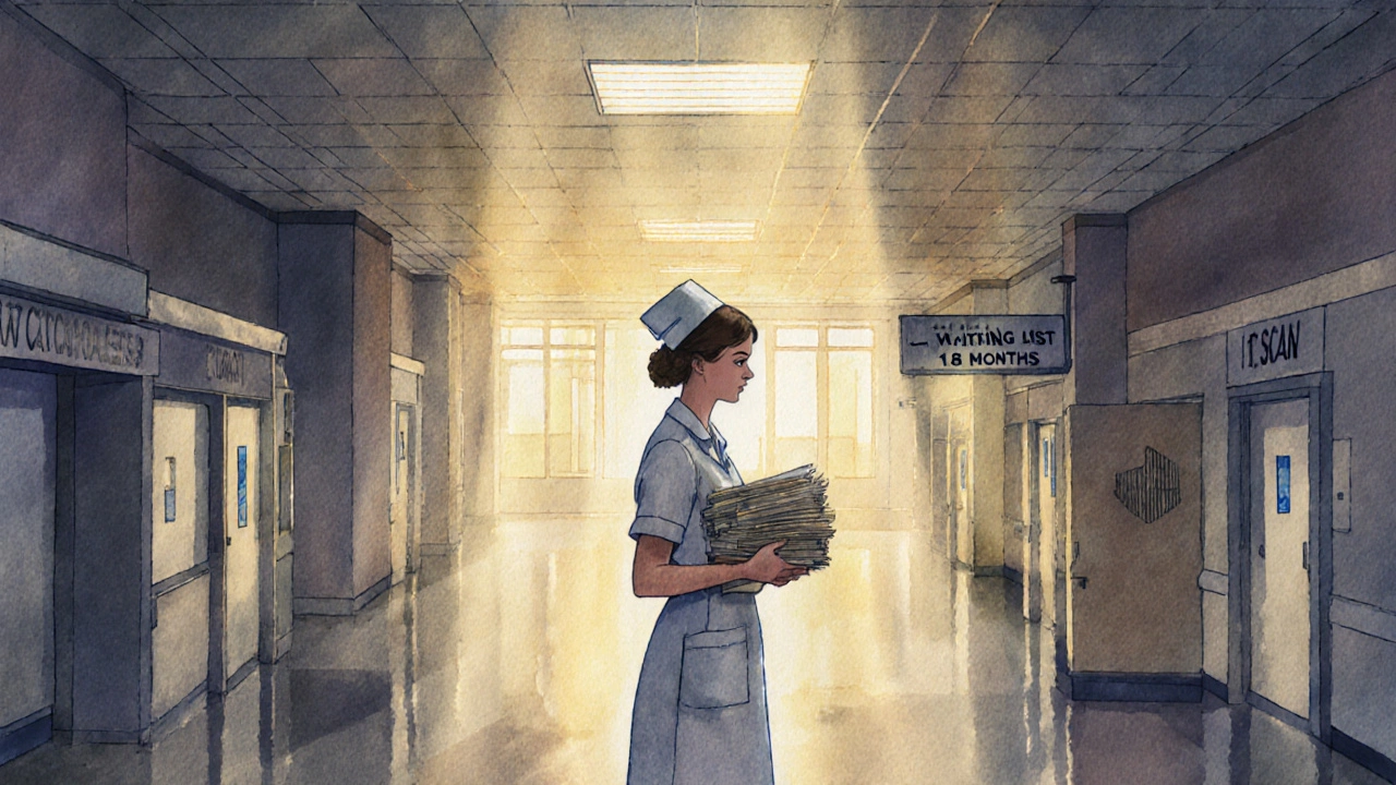 A solitary NHS nurse holding paper files in a long, empty hospital corridor at dawn, bathed in soft morning light.