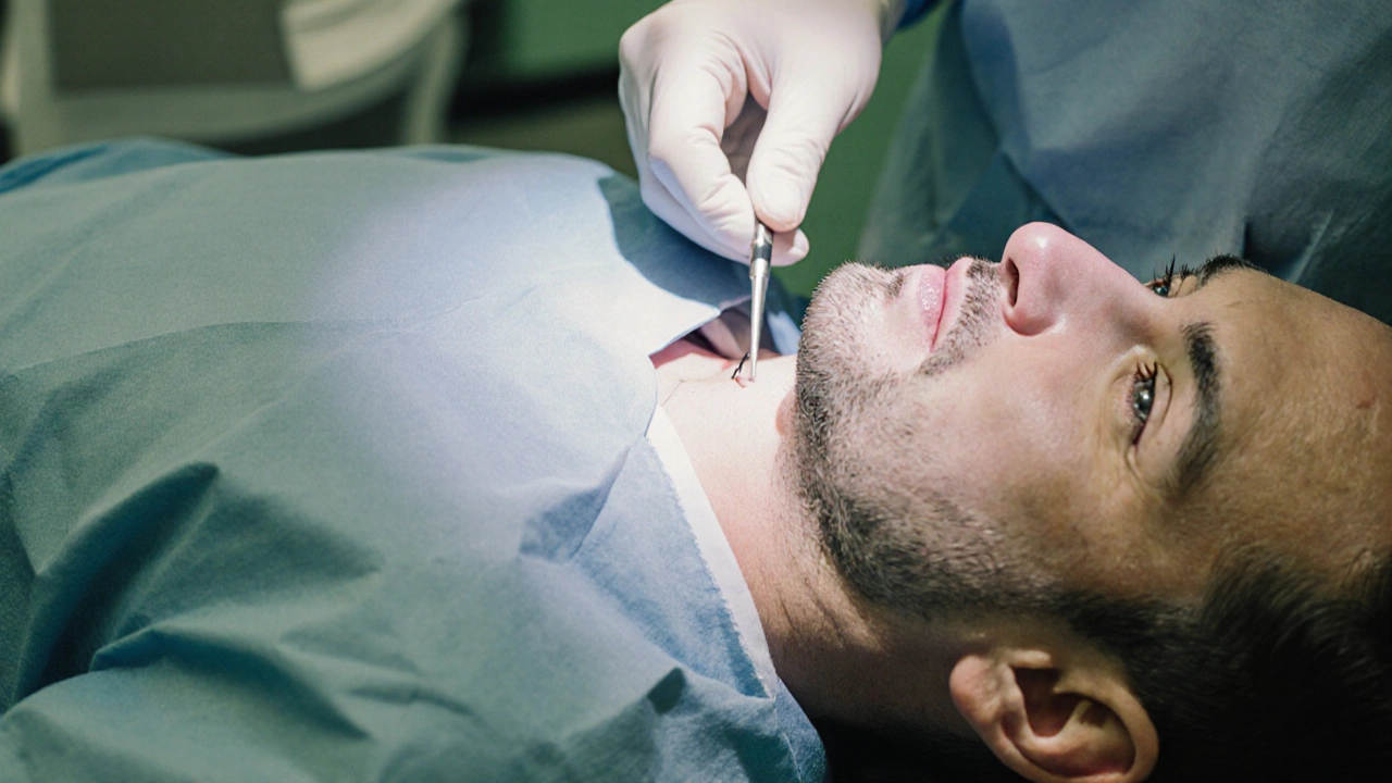 Close-up of surgeon performing a vasectomy under local anaesthetic with small incision and bandage.