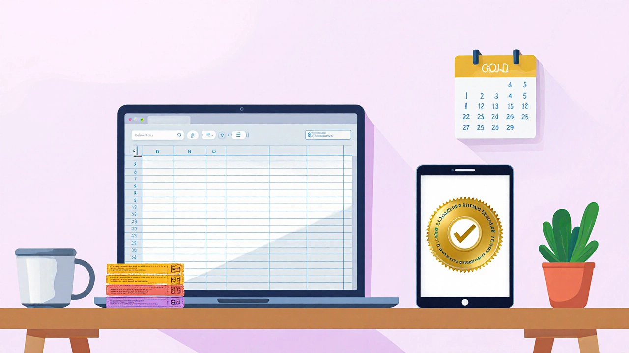 Desk scene with spreadsheet, stacked coupons, tablet showing GoodRx Gold badge, and a plant.