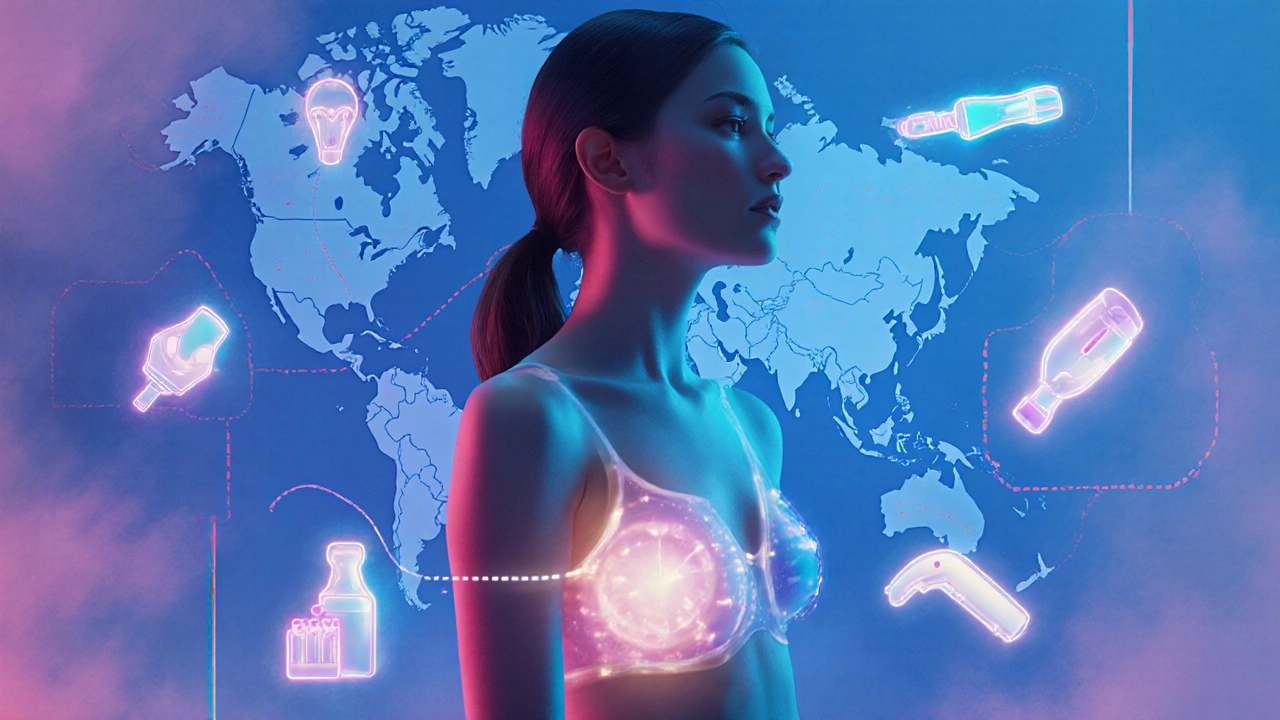 Dreamy illustration of a woman with a glowing enhanced silhouette and travel line indicating health tourism.