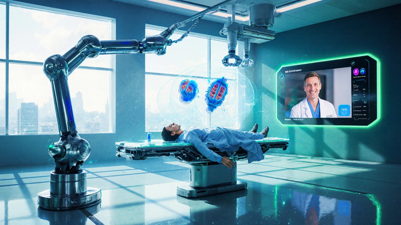 Futuristic surgery suite with AI holograms, 3D‑printed implant and tele‑pre‑op screen.