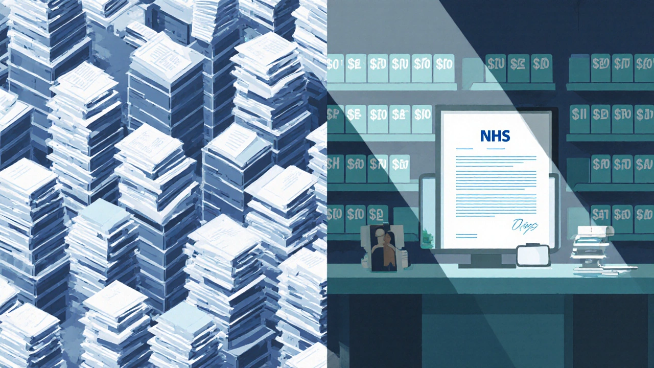 Illustration contrasting US paperwork maze with UK's single contract drug‑price desk.