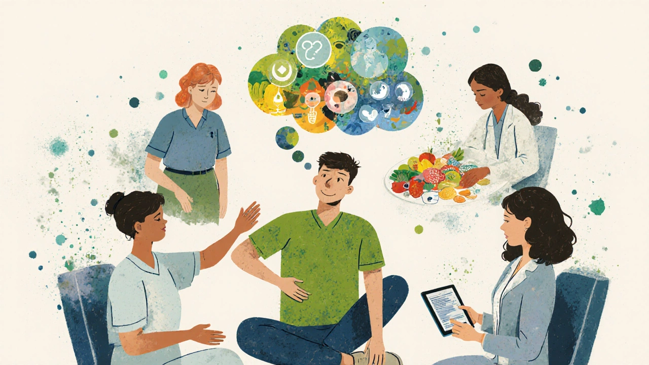 Illustration of a team of therapist, psychologist, dietitian, and specialist supporting a patient.