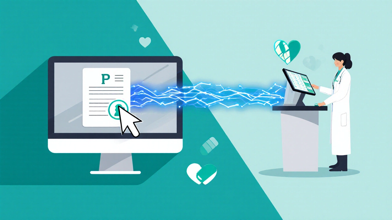 Illustration of digital prescription sent from doctor to pharmacy.