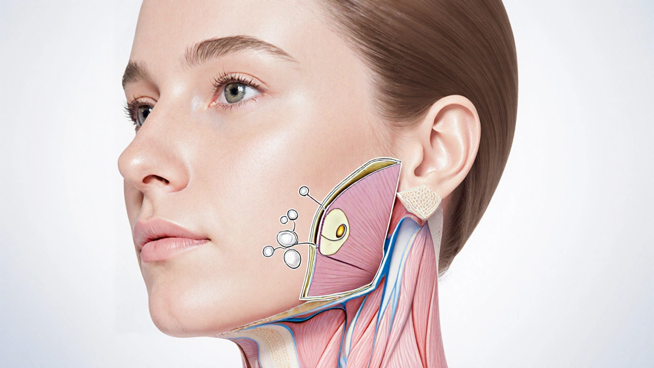 Illustration of facial layers highlighting SMAS lift with low‑tension sutures and fat graft.
