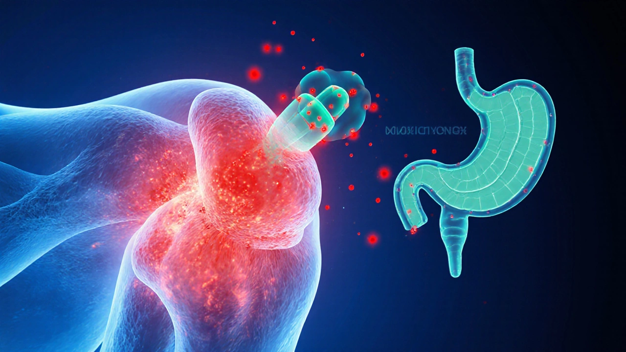 Illustration of inflamed tissue with ibuprofen molecules blocking pain‑signaling prostaglandins.