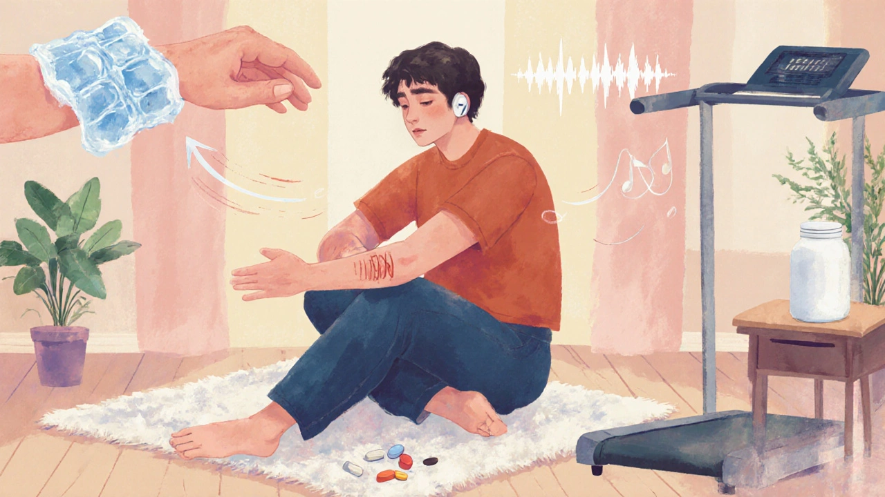 Indoor scene showing ice pack, breathing guide, gentle movement, pills, and music for quick pain relief.