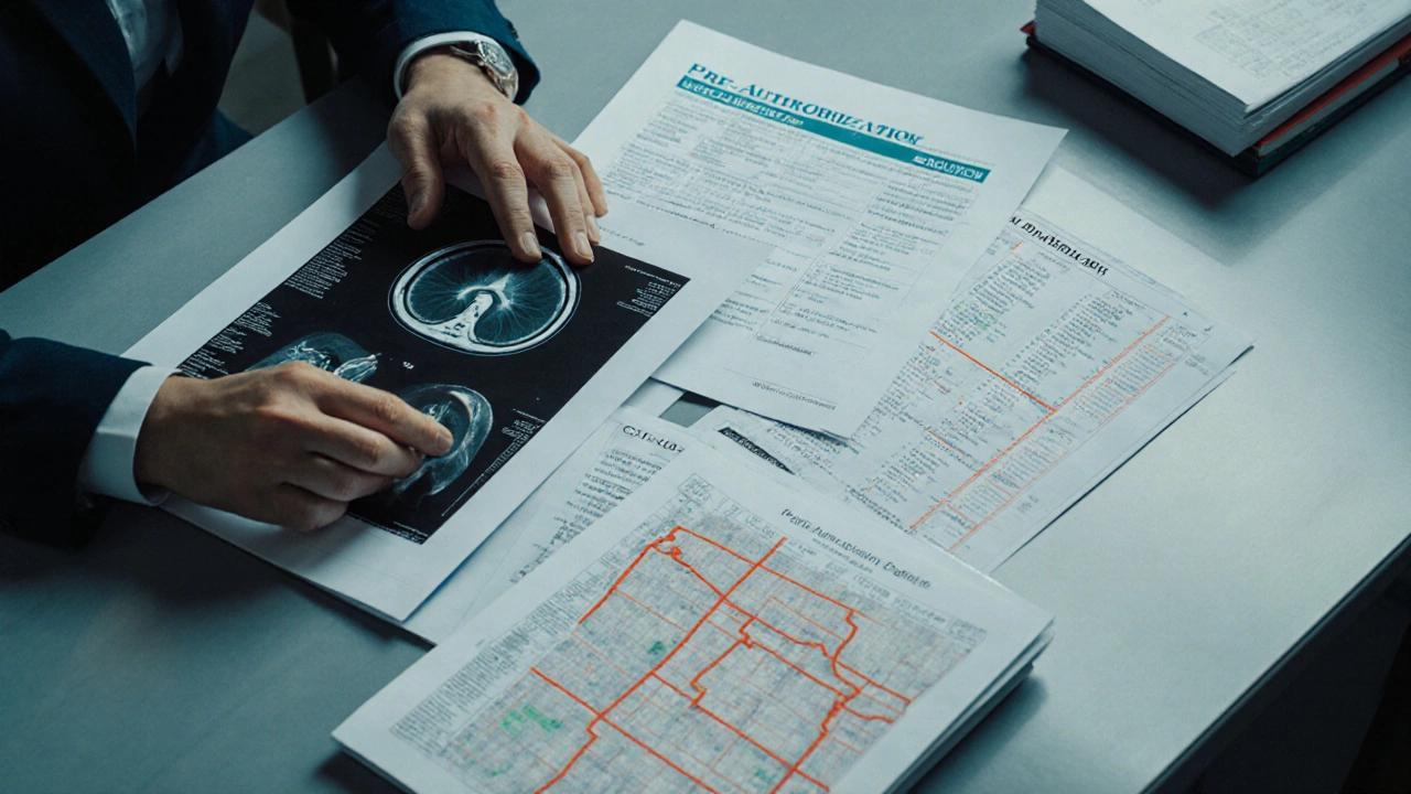 Medical reviewer examining claim documents with imaging and code sheets.