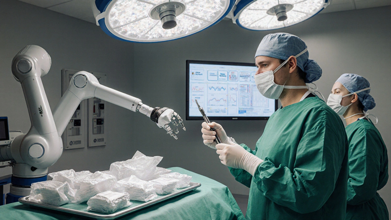 Operating room showing surgeon, anesthesiologist, robotic arm, and medical supplies.