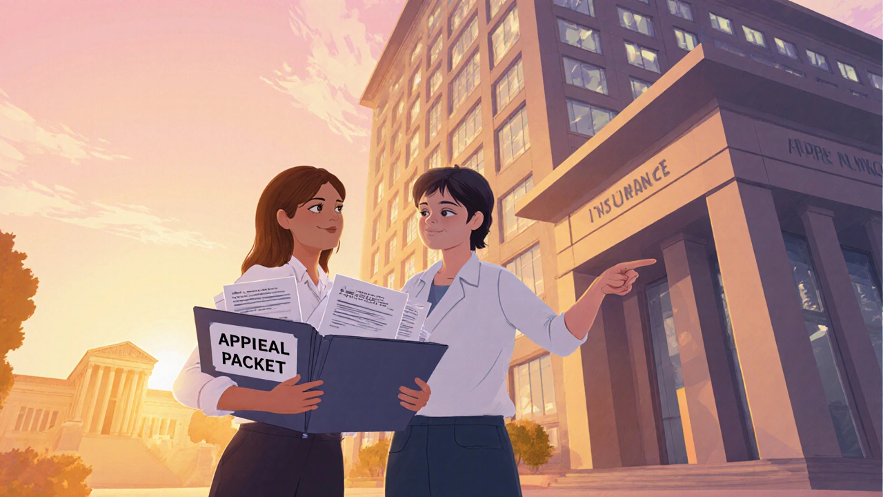 Patient and advocate reviewing an appeal packet outside an insurance office, hopeful.