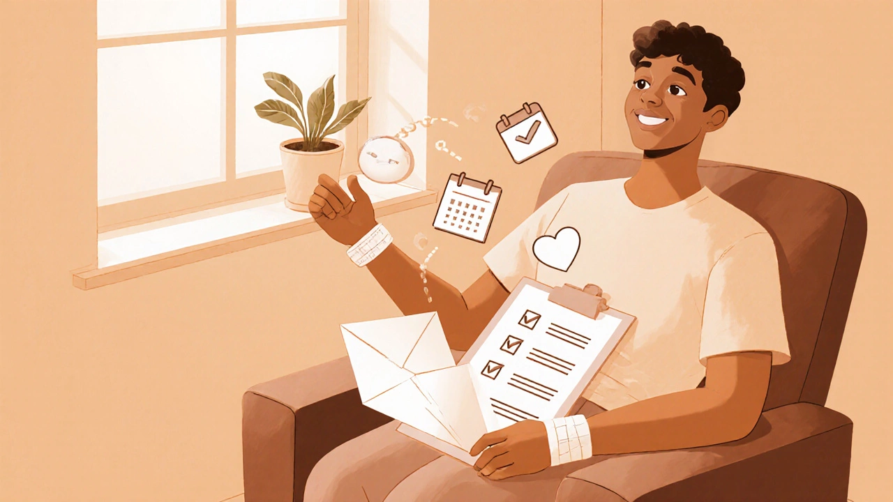 Patient at home relaxing with bandaged wrist and icons of checklist and recovery plan.