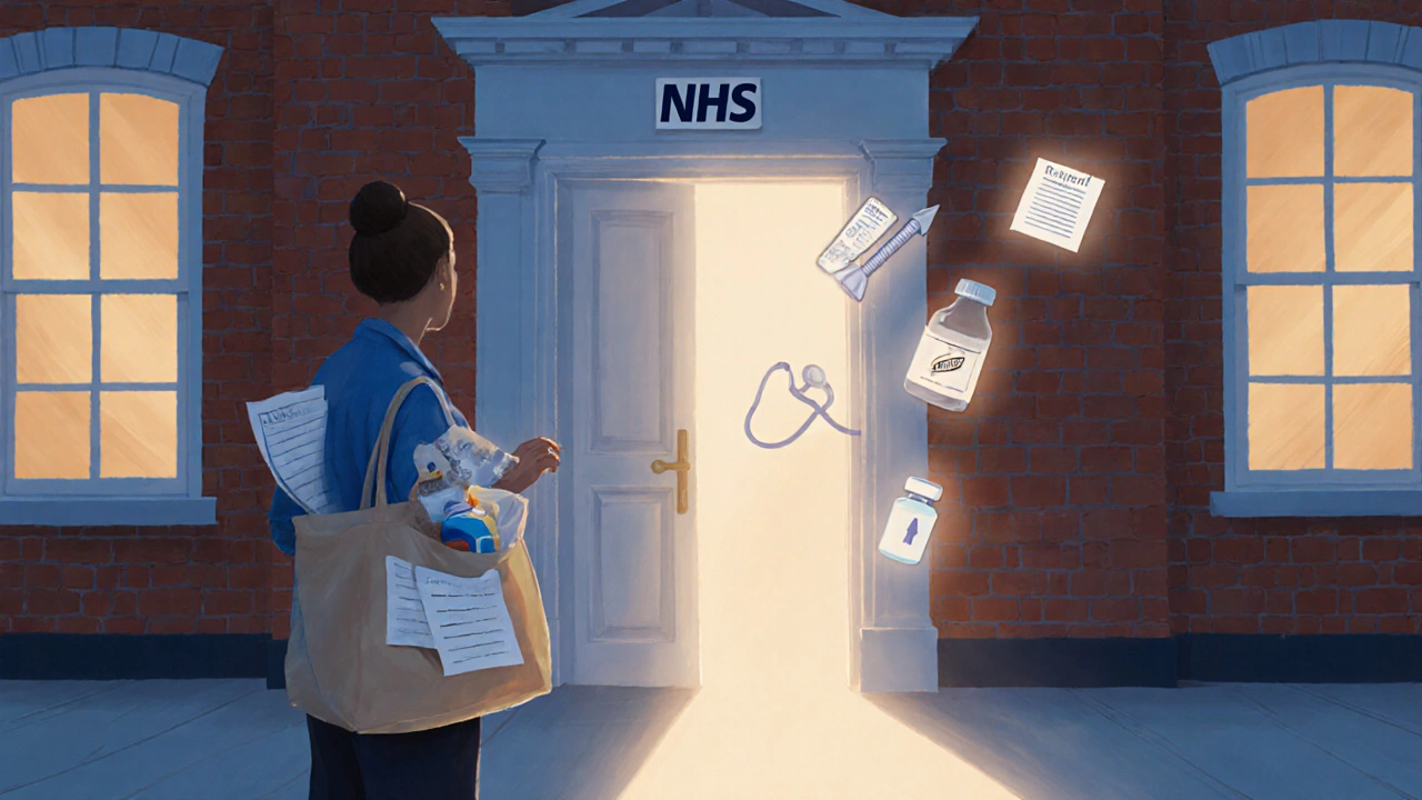 Patient entering an NHS building holding a symptom list, pills, and lab report.
