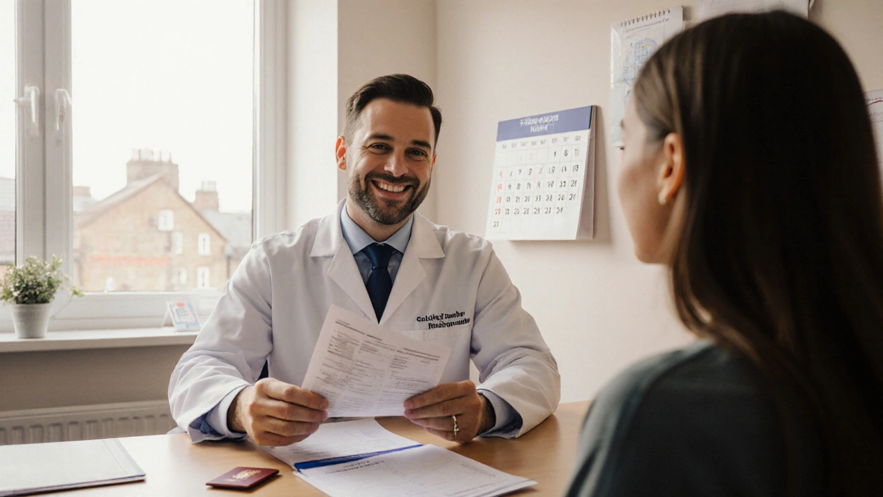 Patient registers with a GP, handing over proof of address and immigration documents.