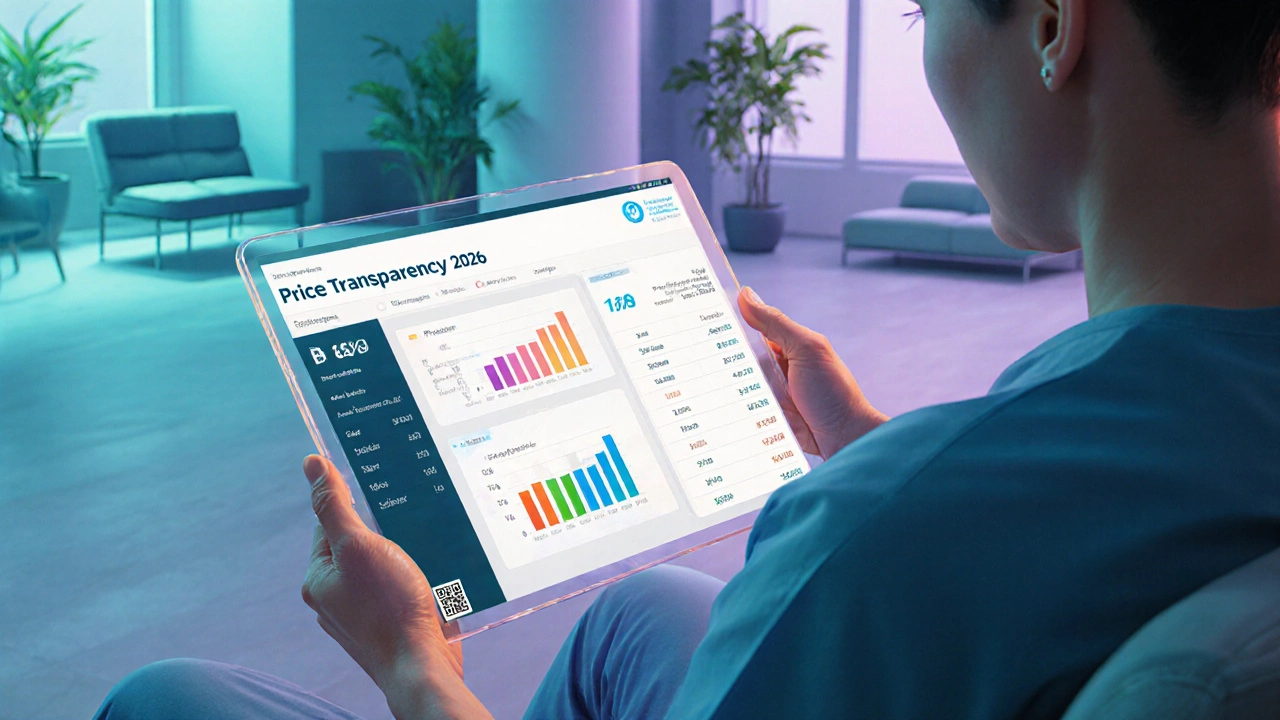 Patient using a transparent tablet to view a detailed surgery cost breakdown.