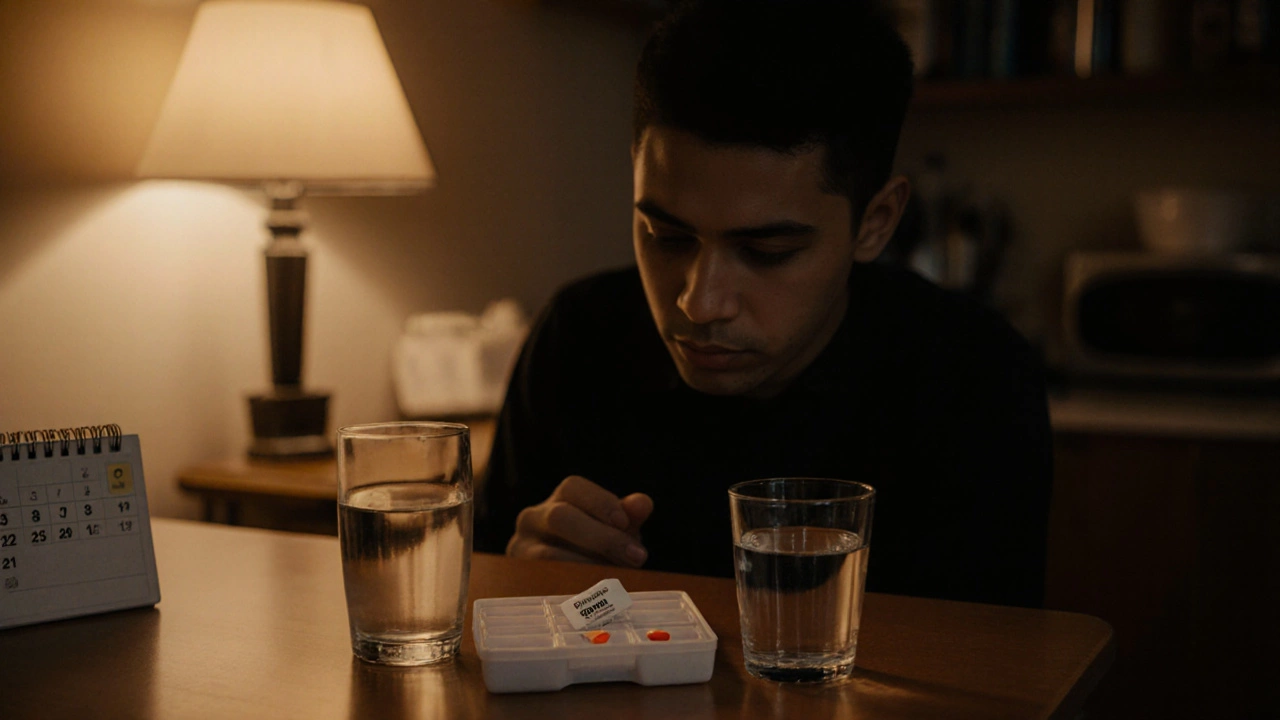 Person at a kitchen table holding an ibuprofen tablet, reflecting careful dosing.