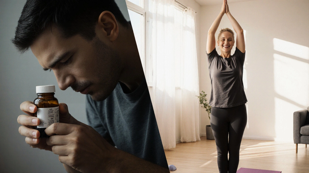 Person transitioning from pain and pills to gentle movement in sunlight.