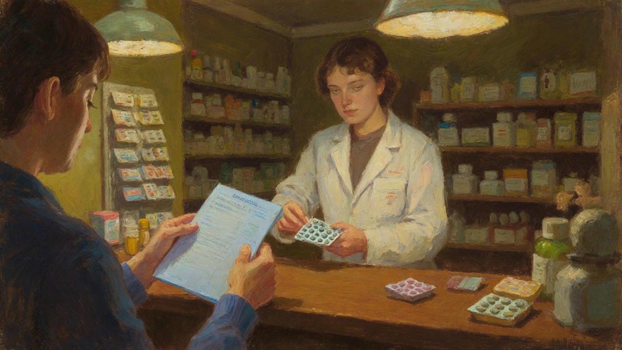 Pharmacist dispensing medication from a repeat prescription.