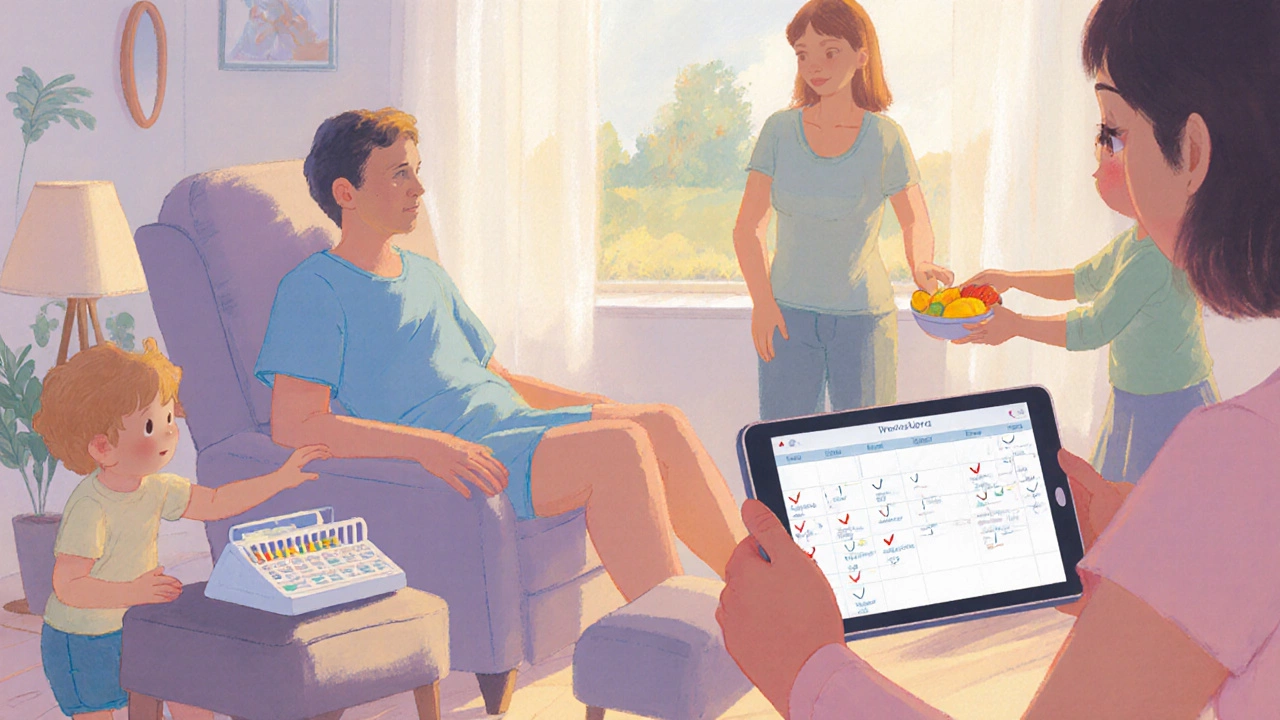 Recovering transplant patient at home surrounded by supportive family and a pill organizer.
