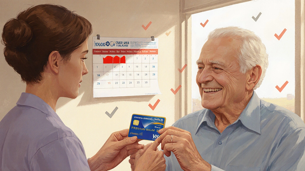 Senior receiving a new Medicare card with premium waiver in a bright office with January highlighted.
