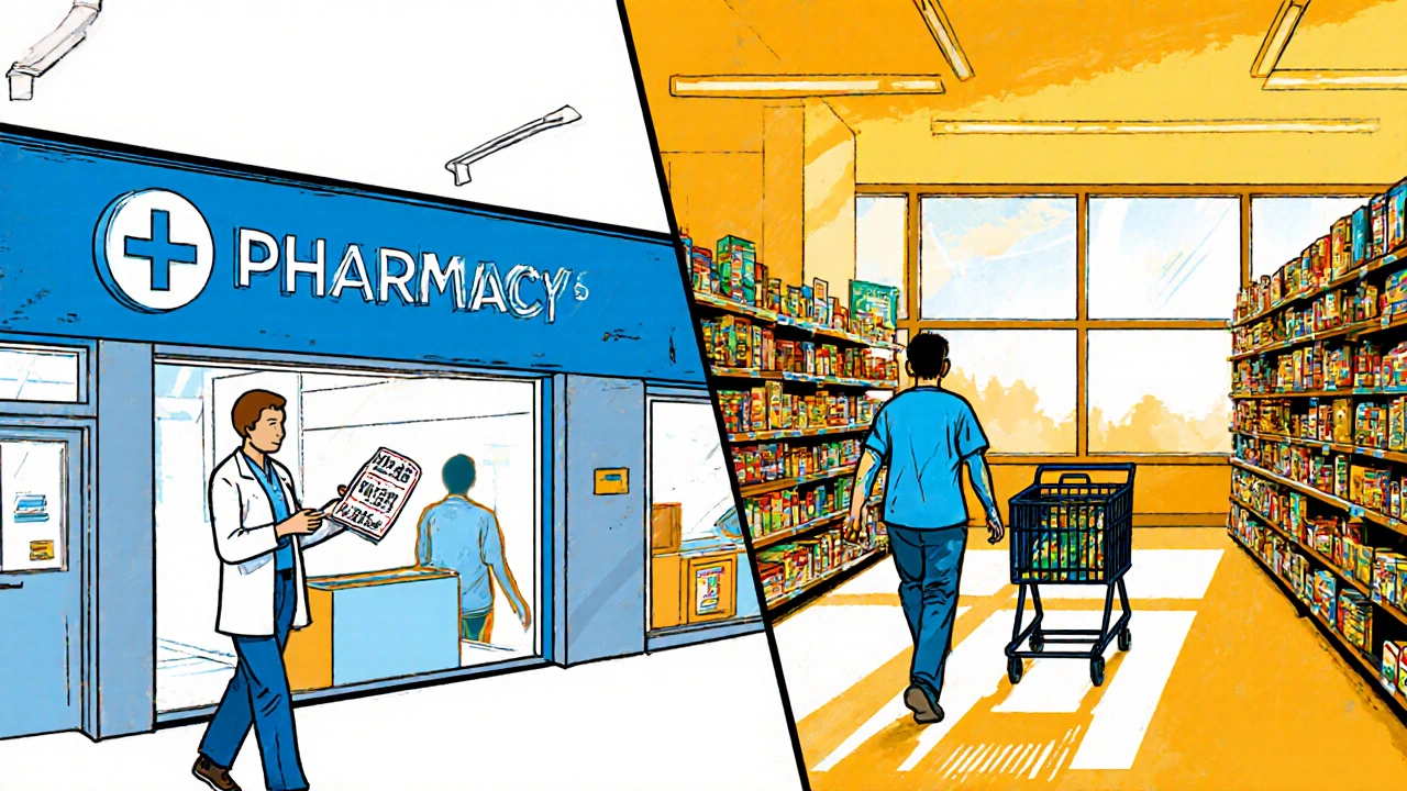 Split illustration of a shopper using coupons at a chain pharmacy and a supermarket pharmacy.
