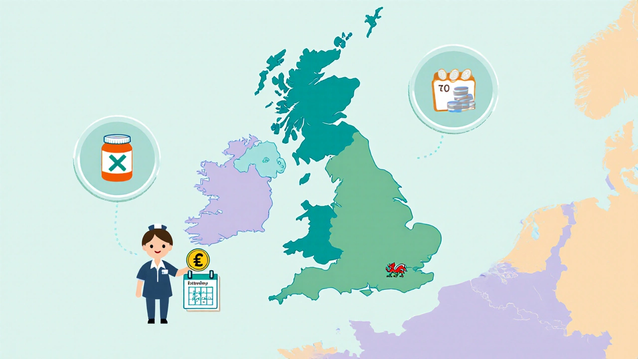 Stylized UK map highlighting regional prescription fees and cash‑pay discount icons.