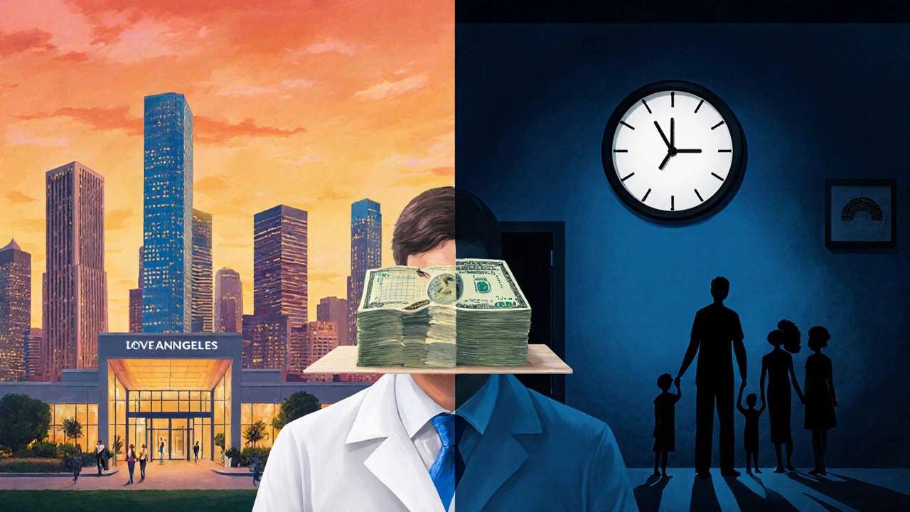 Surgeon balancing a money stack against a clock and family silhouettes, showing work‑life trade‑off.