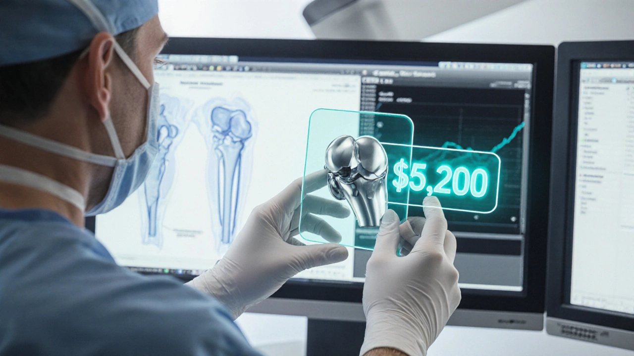 Surgeon holding a polished knee implant next to a holographic price tag.