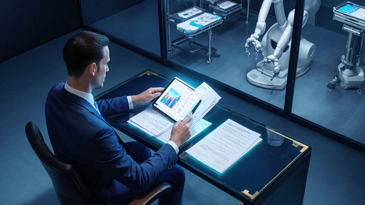 Surgeon in private clinic reviewing cash‑pay patient contracts beside surgical equipment.