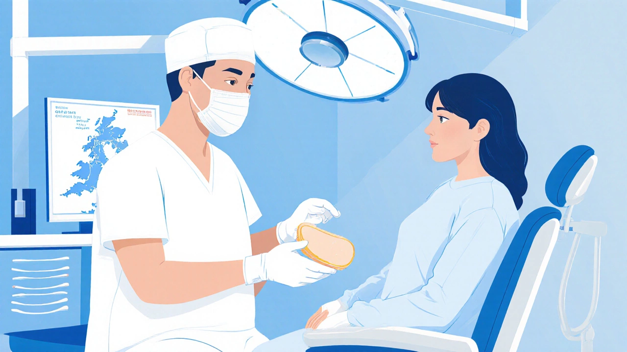 Surgeon showing a silicone breast implant to a patient in a sterile operating room.