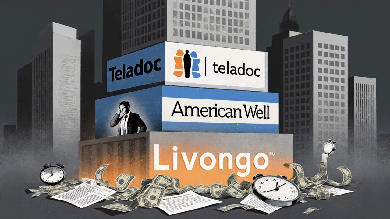 Tangled skyscraper of merged telehealth logos surrounded by contracts and money.