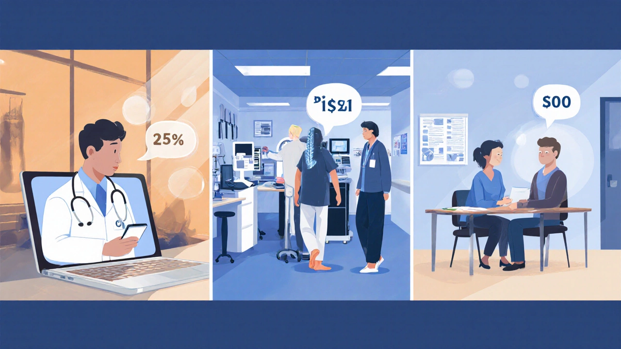 Three scenes: telemedicine video call, walk‑in clinic X‑ray, and private GP consultation.