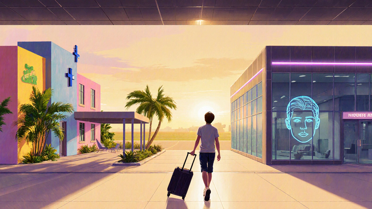 Traveler with suitcase approaching a Brazilian clinic and a Korean clinic side by side.