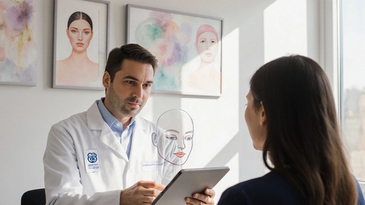 UK clinic consultation with surgeon showing a 3D facial model to a patient.