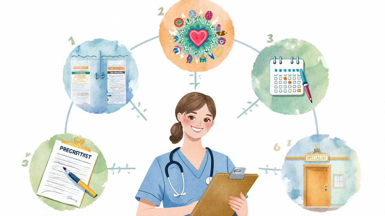 Watercolor showing five benefit icons surrounding a doctor with a clipboard.