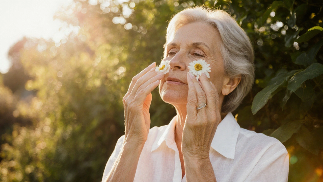 Woman applying sunscreen to her face, emphasizing post‑facelift skin care.