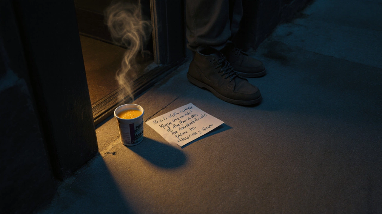 A bowl of soup and a note left on a doorstep at dusk, symbolizing quiet, thoughtful care.