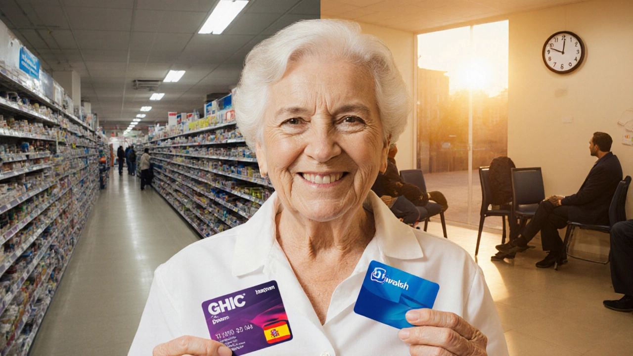 A British retiree in Spain with her health card and affordable medication.