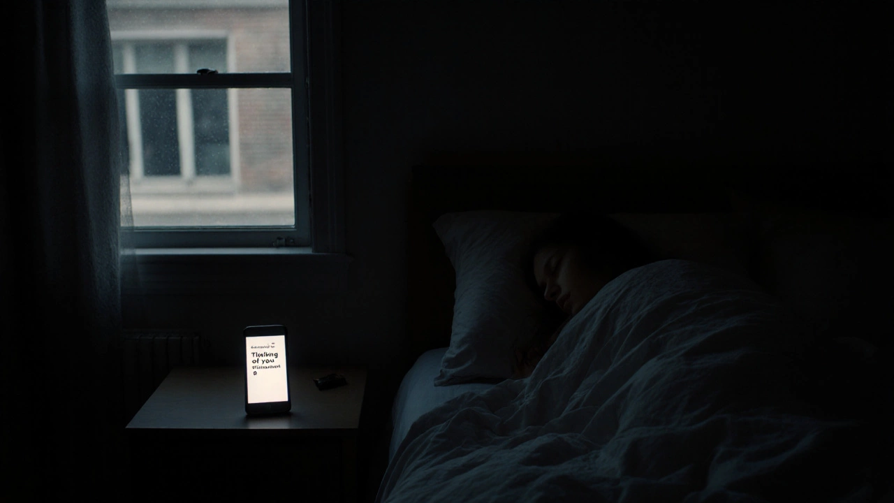 A glowing phone on a nightstand with a comforting message, in a dark, still bedroom.