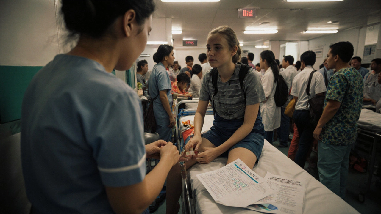 A UK traveler receiving emergency care in a Thai hospital, with insurance papers and medication list nearby.