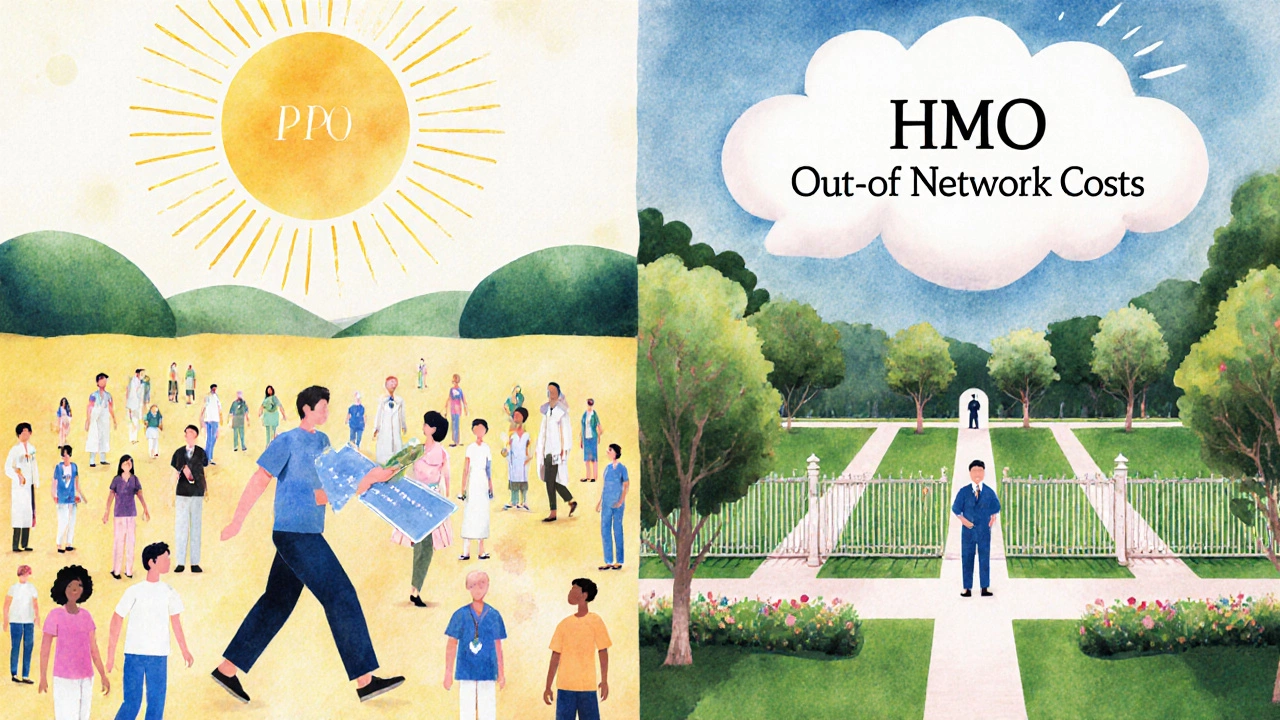 Abstract scene of free movement among providers versus restricted path in a garden