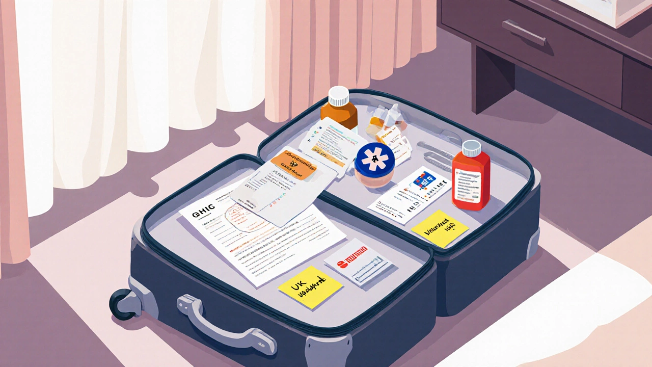 An open suitcase packed with travel medical documents, GHIC card, medications, and emergency contact notes.