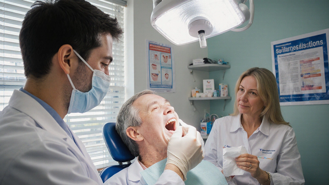 Dental student examining patient in university clinic under bright lights