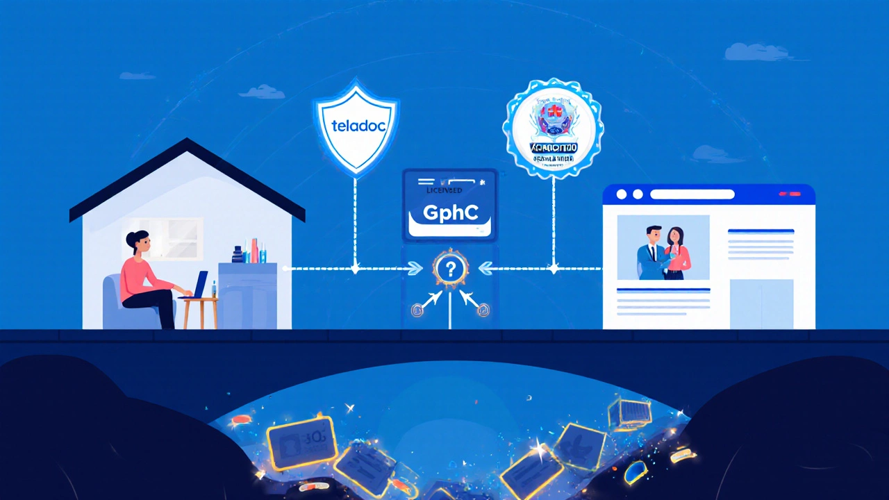 Digital bridge connecting patient to licensed UK pharmacy with verification badges and crumbling scam sites below.