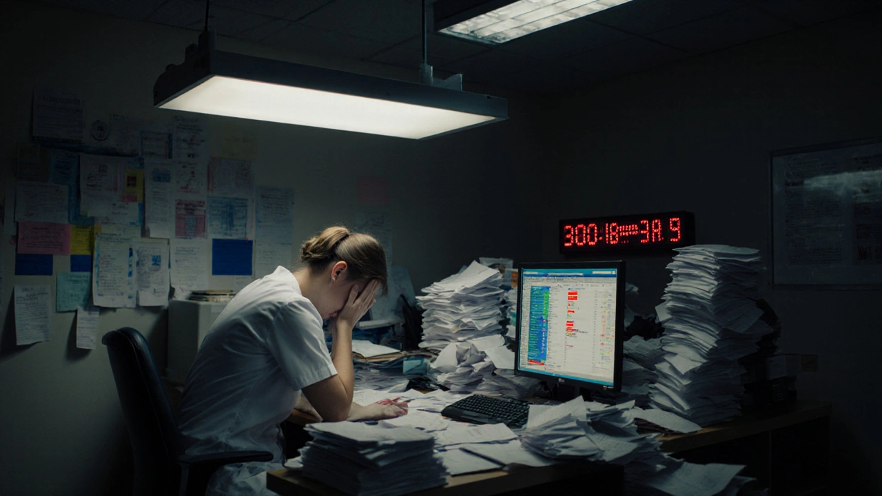 Overwhelmed nurse surrounded by paper referrals in a dimly lit hospital triage office.