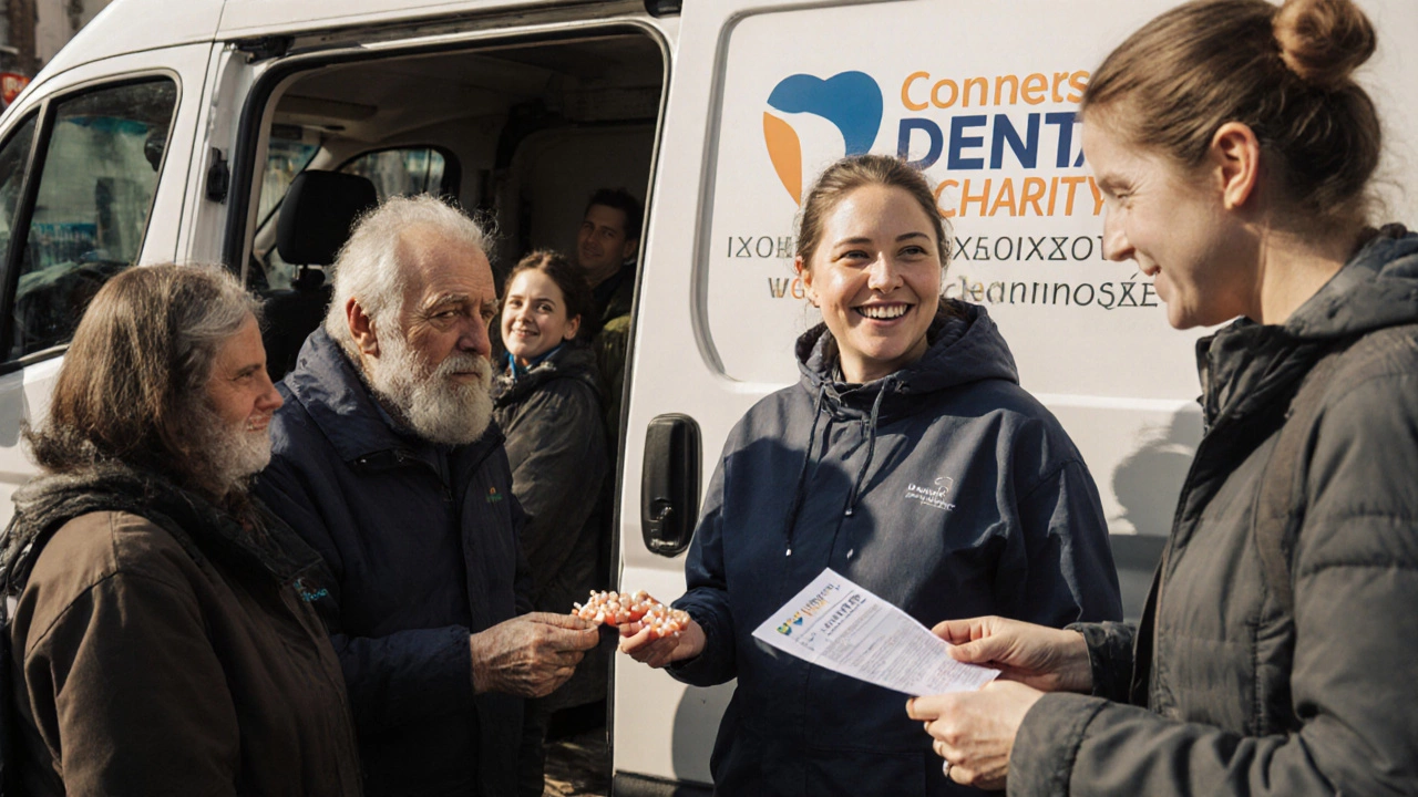 People waiting outside mobile dental van for free treatment
