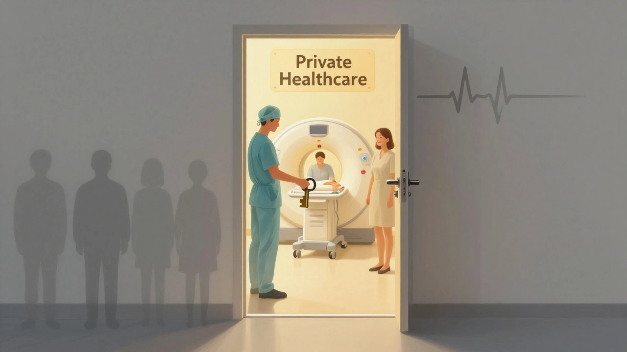 A heartbeat-shaped key unlocking a door to private healthcare services, with shadowy queues fading behind.
