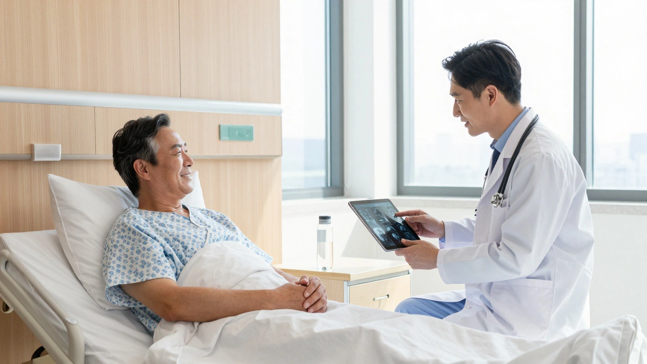 A patient in a private hospital room reviewing an MRI scan with a consultant.